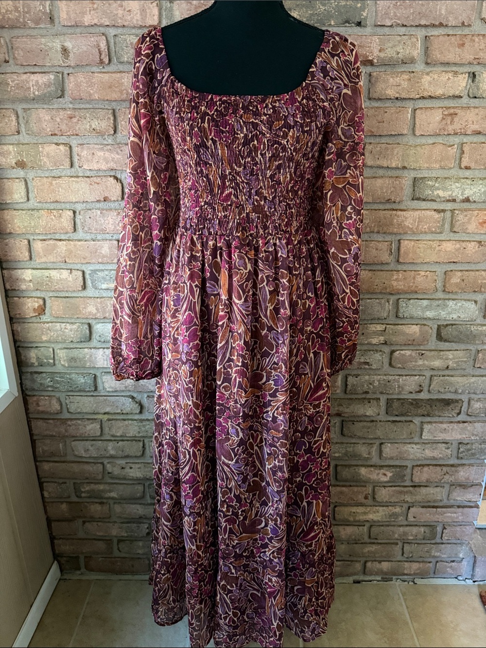 Smocked Plum Floral Maxi Dress with Long Sleeves